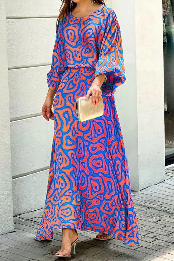 Print Bat Blouse Maxi Skirts Set - Fashionpara