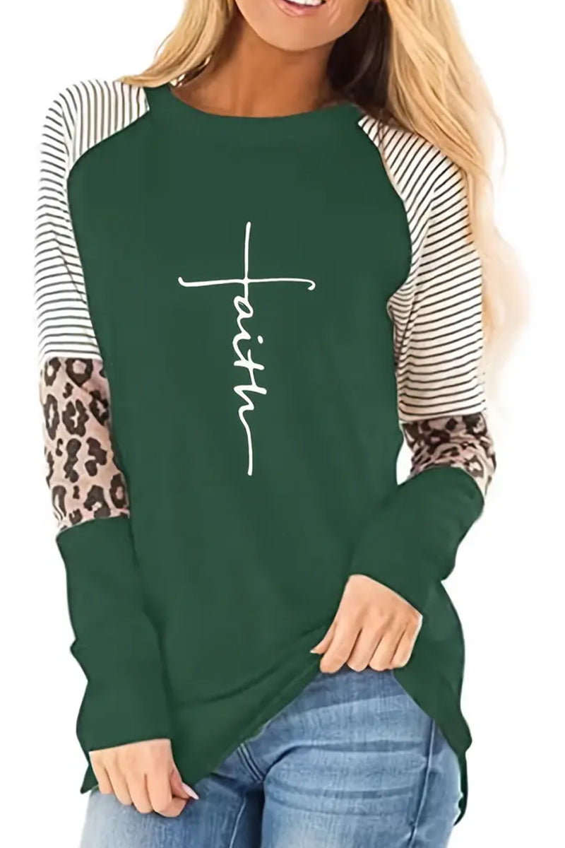 Faith Letter Print Crew Neck T-Shirt - Fashionpara