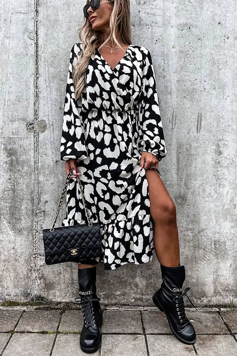 Leopard Long Sleeve Slit Midi Dress - Fashionpara