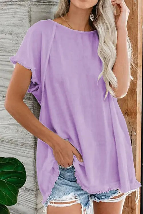 Raw Edge O Neck Short Sleeve T Shirt - Fashionpara