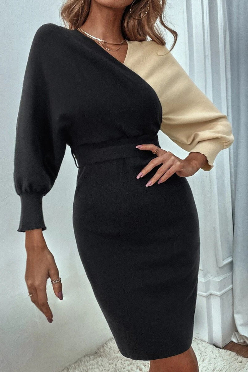 Colorblock Batwing Sleeve Belted Sweater Dress - Fashionpara