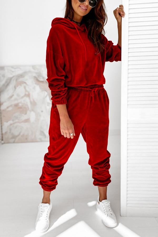 Velvet Drawstring Hooded Joggrt Set - Fashionpara