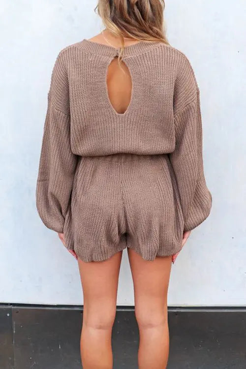 O Neck Puff Long Drawstring Sweater Romper - Fashionpara