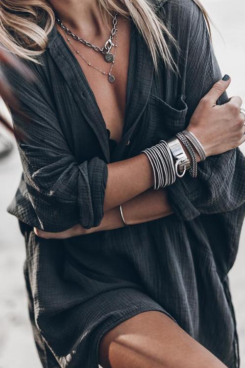 Button Pockets Drawstring Waist Dress - Fashionpara