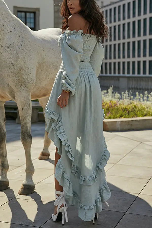 Smocked Crop Top High Low Maxi Skirt Set - Fashionpara