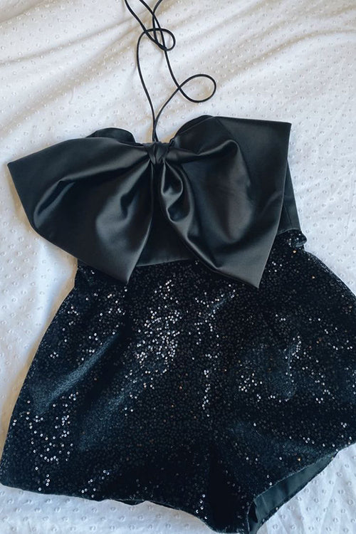 Satin Bow Halter Neck Sequin Short Romper - Fashionpara