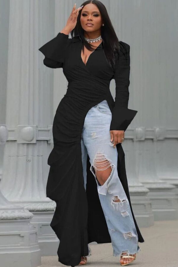 Deep V side opening slim dress - Fashionpara