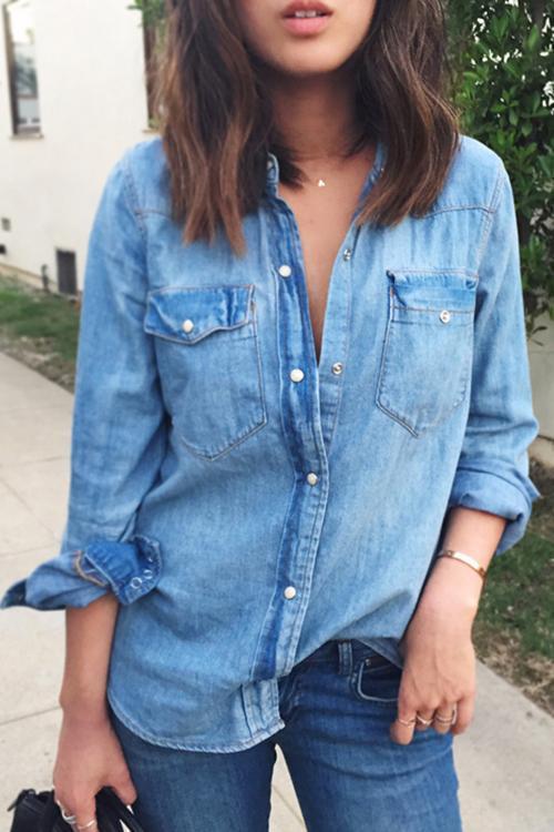 Turndown Collar Pocket Denim Shirt - Fashionpara