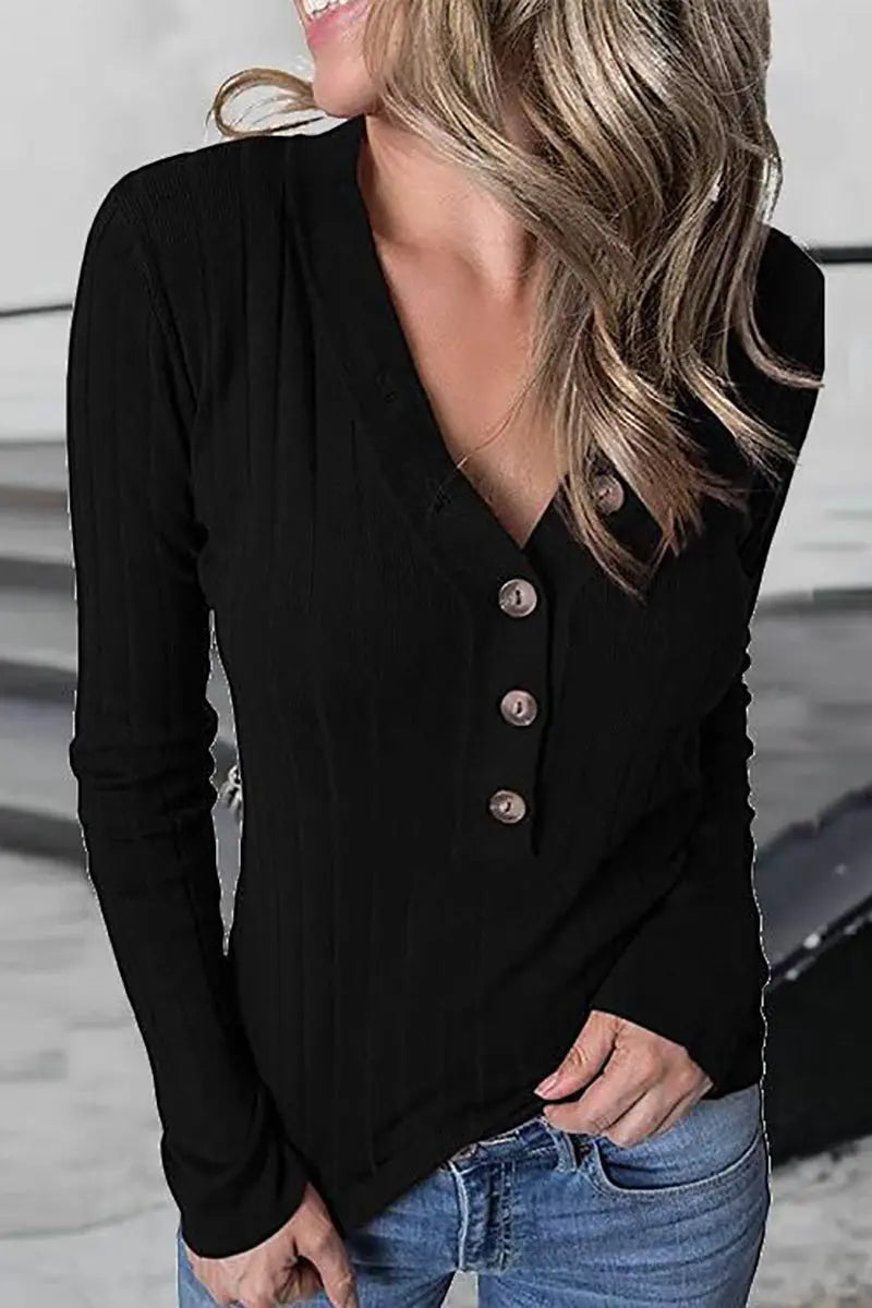 Button V Neck Slim Sweatershirt - Fashionpara