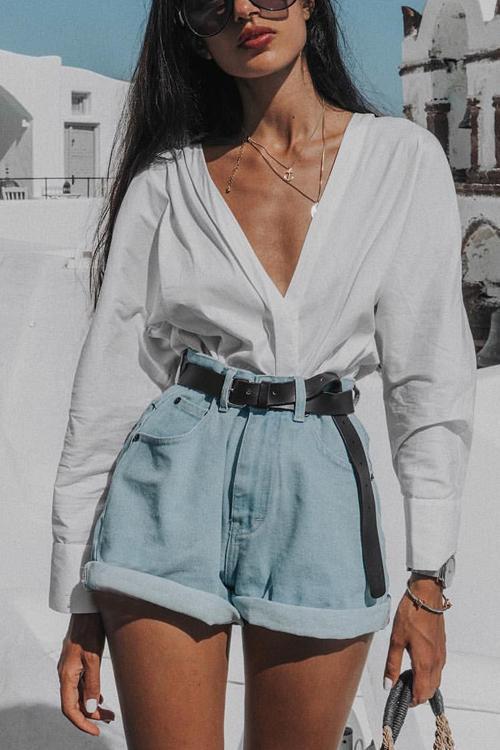 High Waist A Line Denim Shorts - Fashionpara