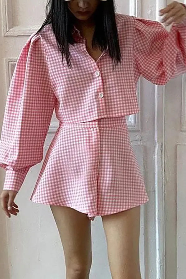 Plaid Button Crop Shirt Shorts Set - Fashionpara