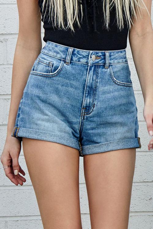 Classic Pocket High Waist Denim Shorts - Fashionpara