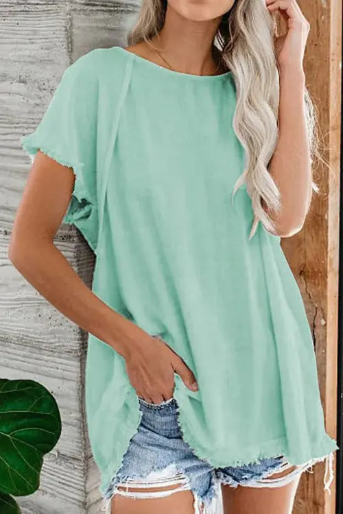 Raw Edge O Neck Short Sleeve T Shirt - Fashionpara