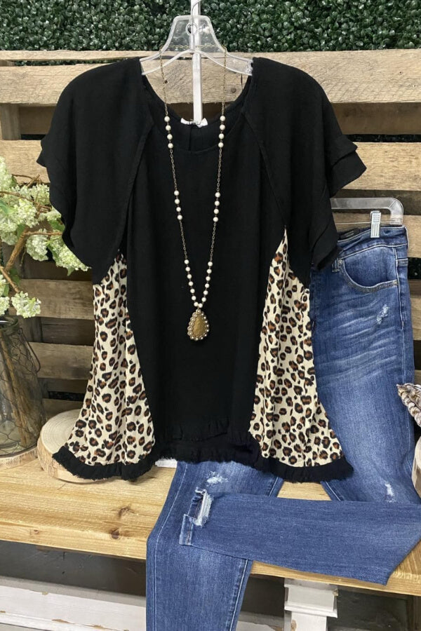 Leopard Print Short Sleeve Crew Neck T-Shirt - Fashionpara