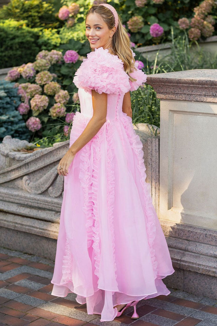 Fairy Square Neck Tiered Ruffle Puff Sleeve Organza Gown Maxi Dress - Pink - Fashionpara
