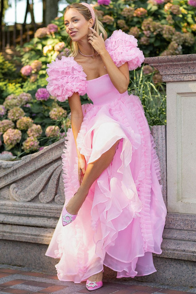 Fairy Square Neck Tiered Ruffle Puff Sleeve Organza Gown Maxi Dress - Pink - Fashionpara