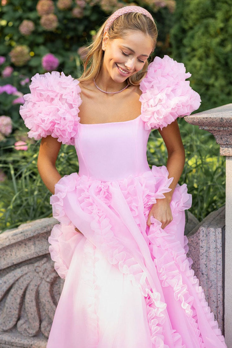 Fairy Square Neck Tiered Ruffle Puff Sleeve Organza Gown Maxi Dress - Pink - Fashionpara