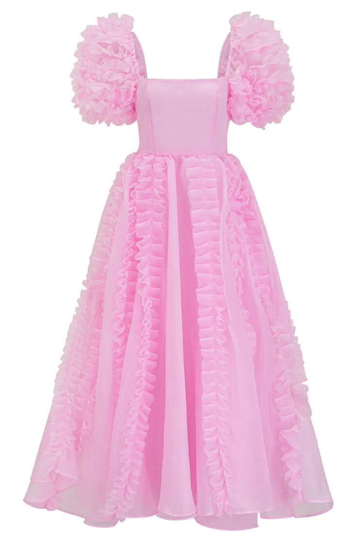 Fairy Square Neck Tiered Ruffle Puff Sleeve Organza Gown Maxi Dress - Pink - Fashionpara