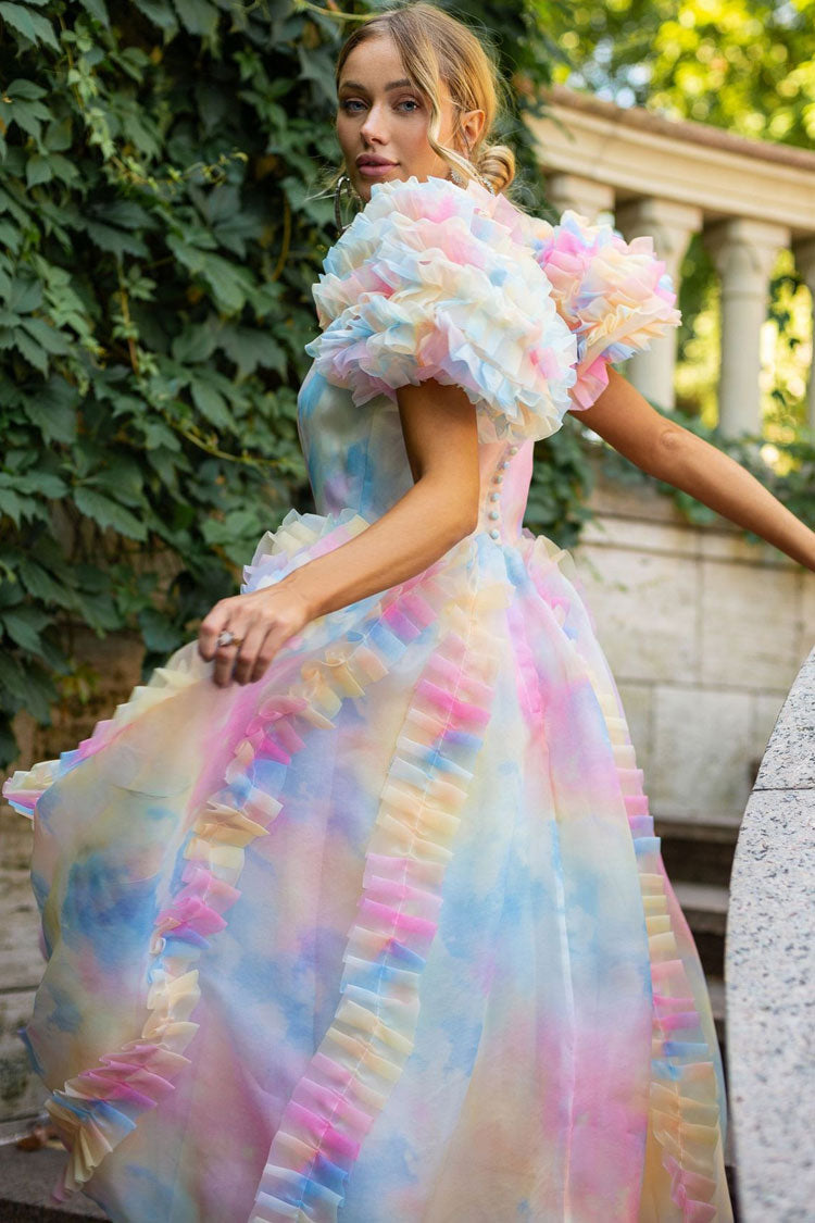 Fairy Square Neck Tiered Ruffle Rainbow Floral Organza Gown Maxi Dress - Blue - Fashionpara