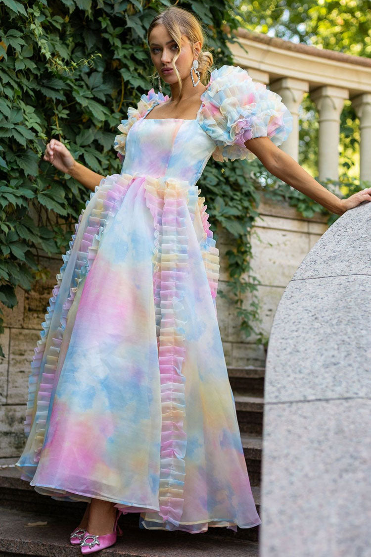 Fairy Square Neck Tiered Ruffle Rainbow Floral Organza Gown Maxi Dress - Blue - Fashionpara