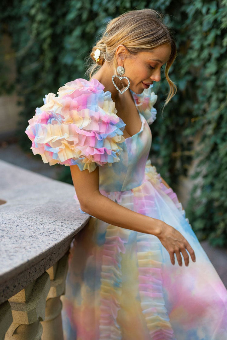 Fairy Square Neck Tiered Ruffle Rainbow Floral Organza Gown Maxi Dress - Blue - Fashionpara