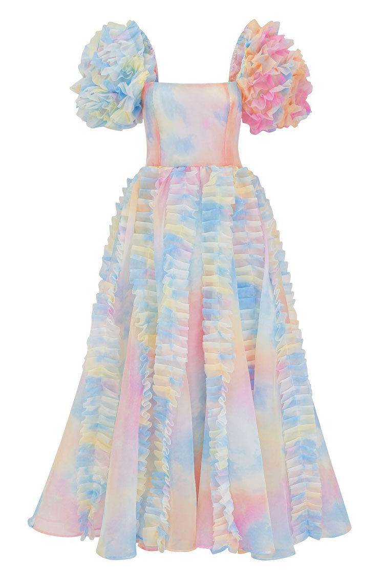 Fairy Square Neck Tiered Ruffle Rainbow Floral Organza Gown Maxi Dress - Blue - Fashionpara