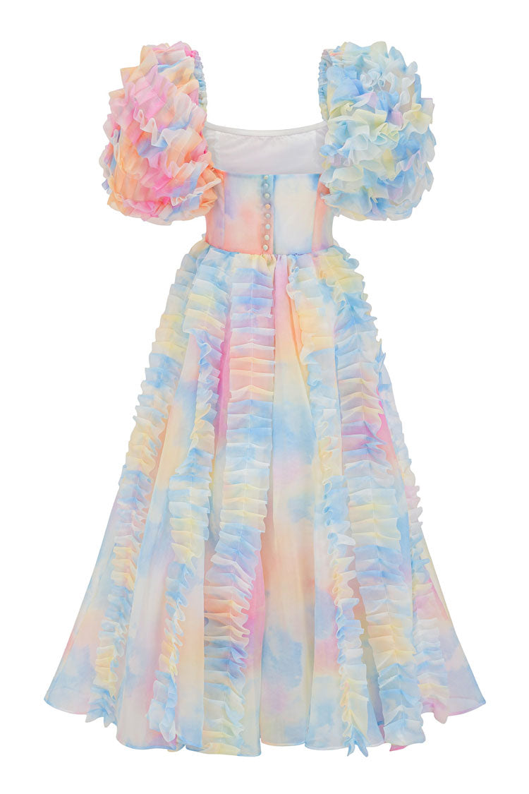 Fairy Square Neck Tiered Ruffle Rainbow Floral Organza Gown Maxi Dress - Blue - Fashionpara