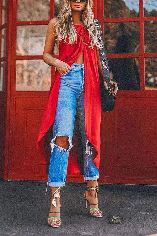 Slit Swallow Tail Top - Fashionpara