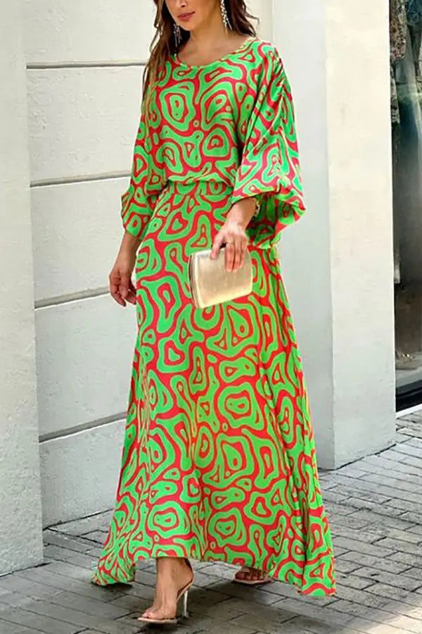 Print Bat Blouse Maxi Skirts Set - Fashionpara