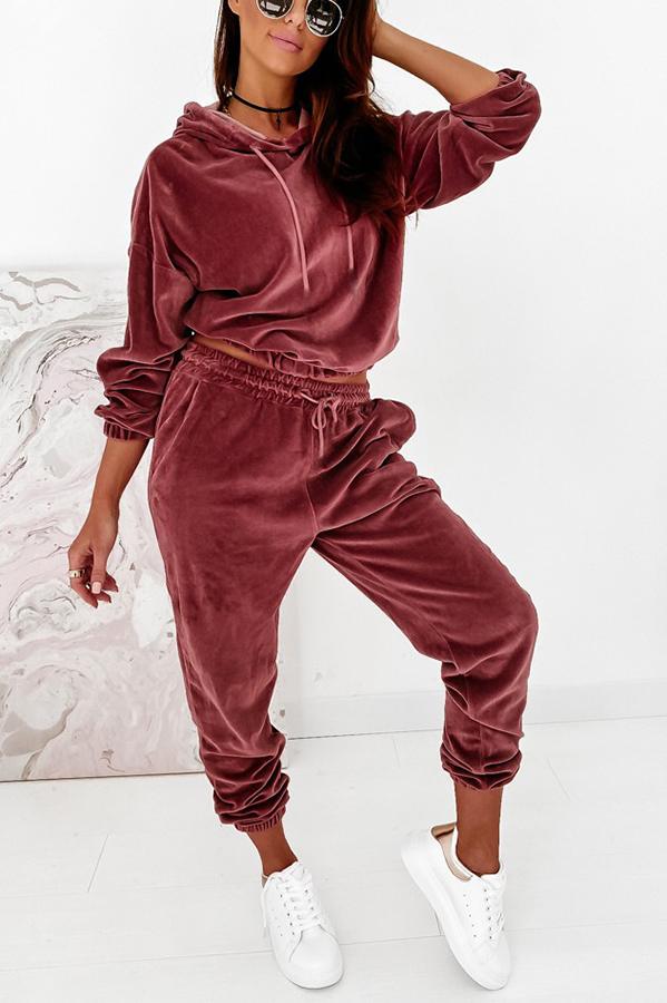 Velvet Drawstring Hooded Joggrt Set - Fashionpara