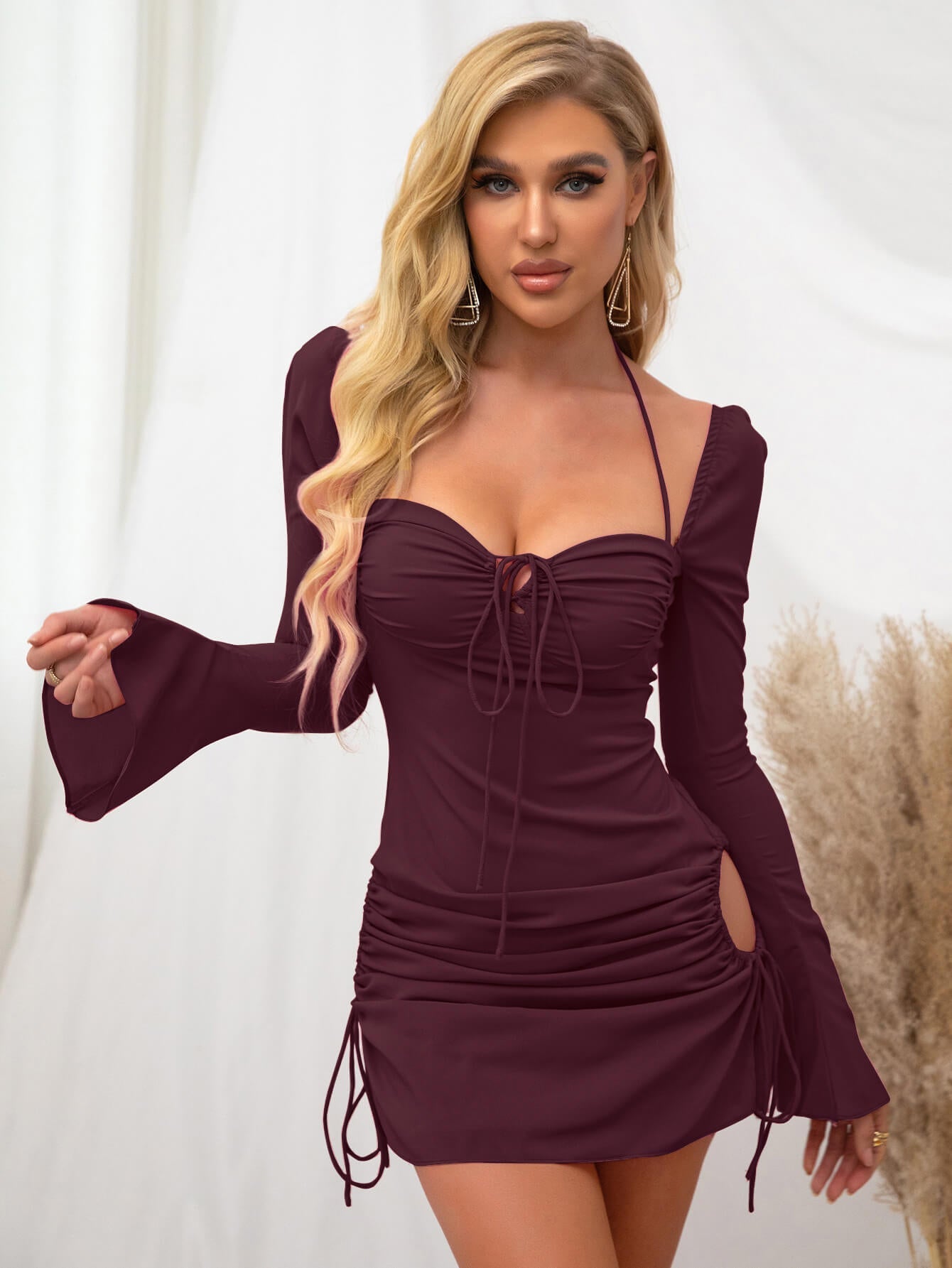 Flare Sleeve Lace Up Mini Dress - Fashionpara