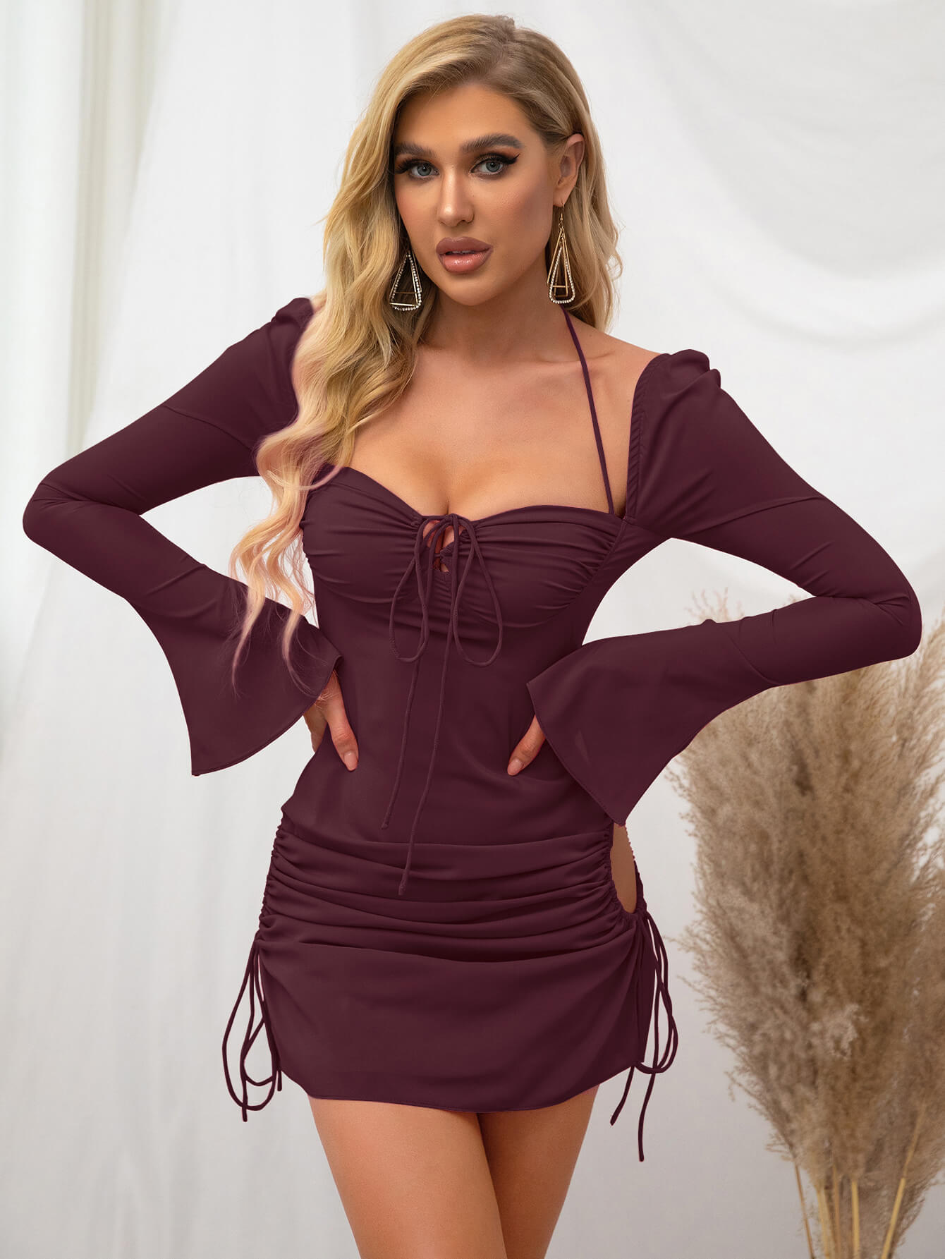 Flare Sleeve Lace Up Mini Dress - Fashionpara