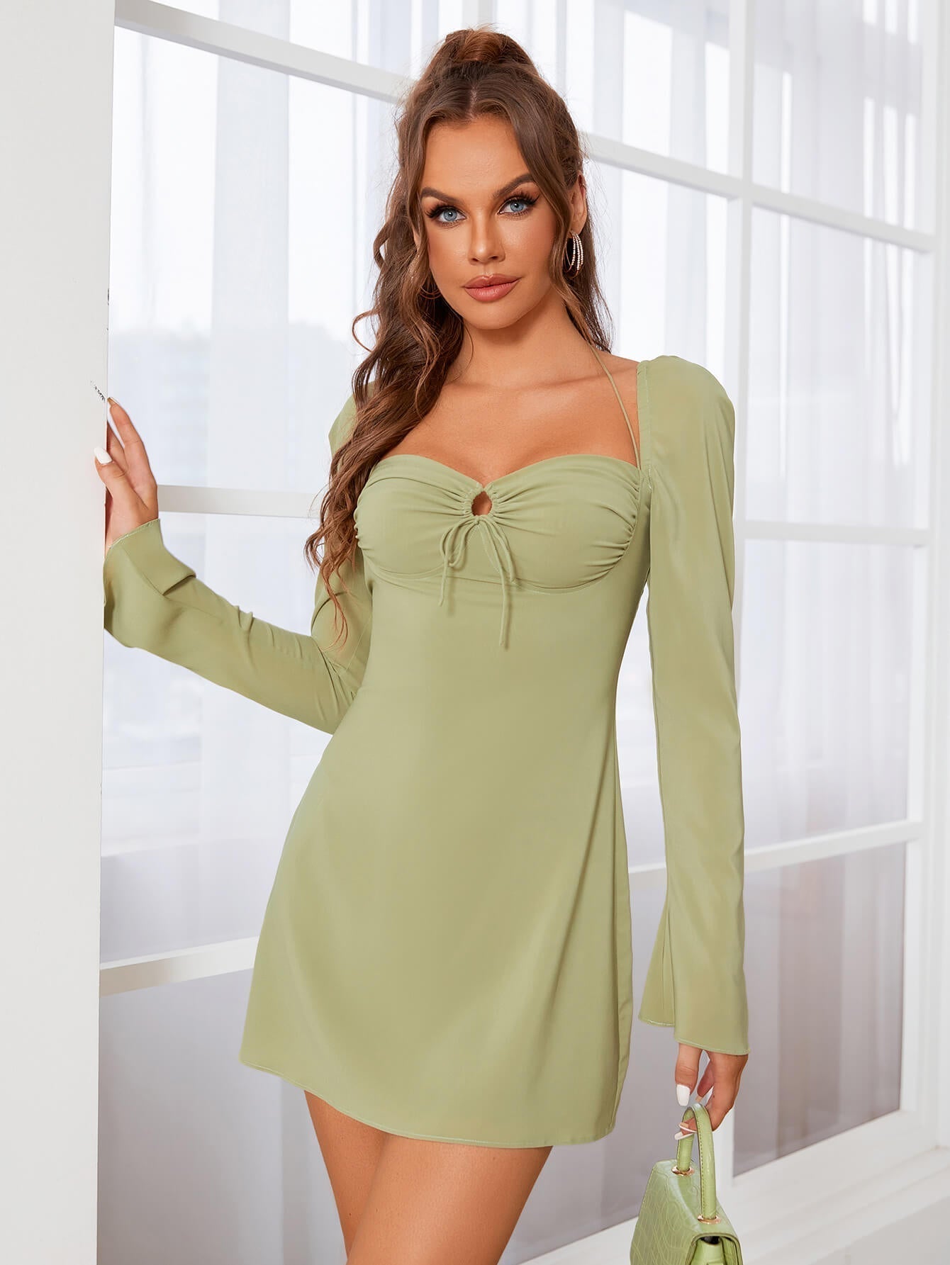 Halter Tie Ruched Bell Sleeve Dress - Fashionpara