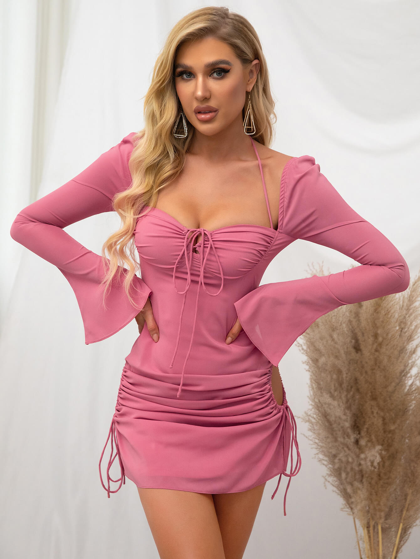 Flare Sleeve Lace Up Mini Dress - Fashionpara