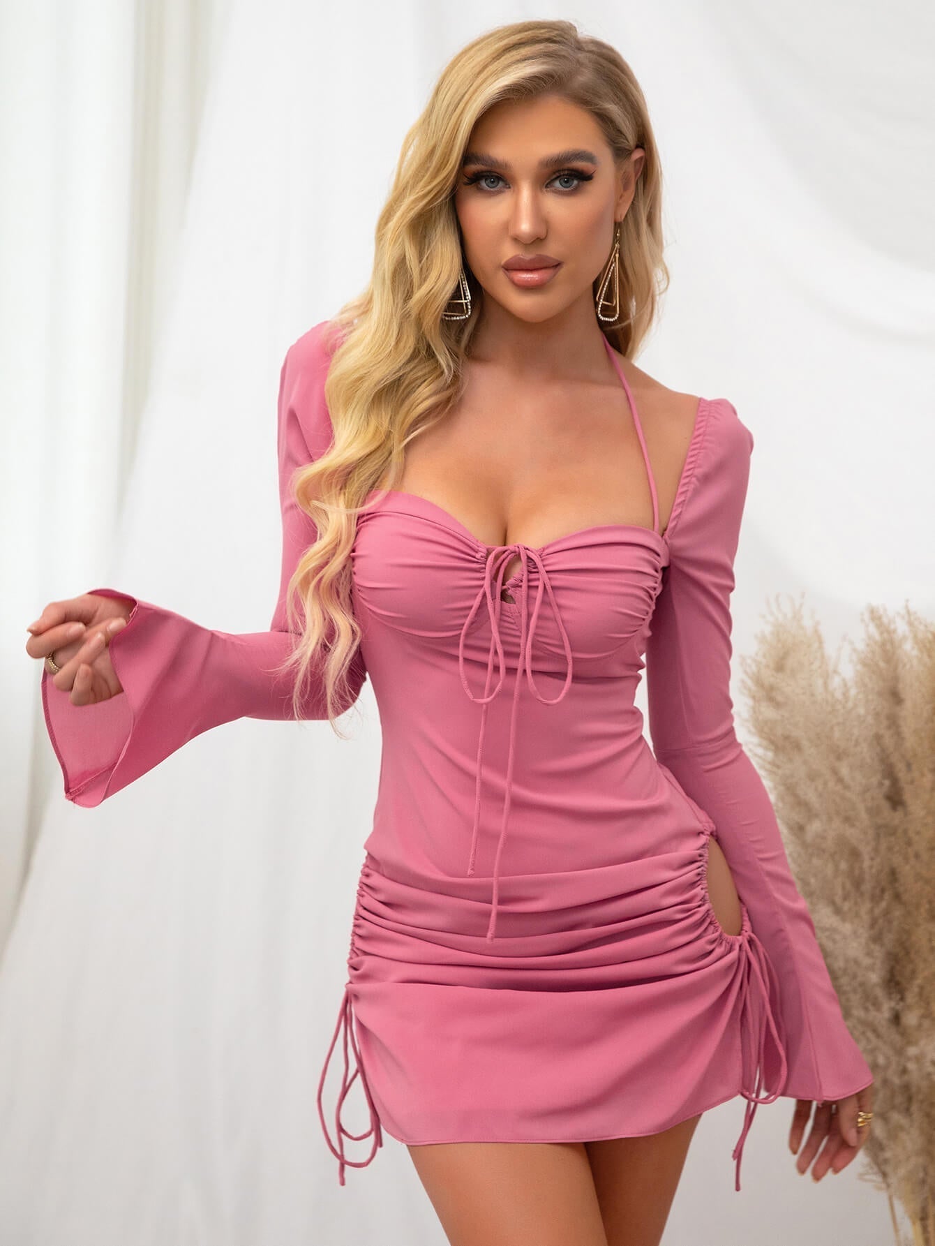 Flare Sleeve Lace Up Mini Dress - Fashionpara