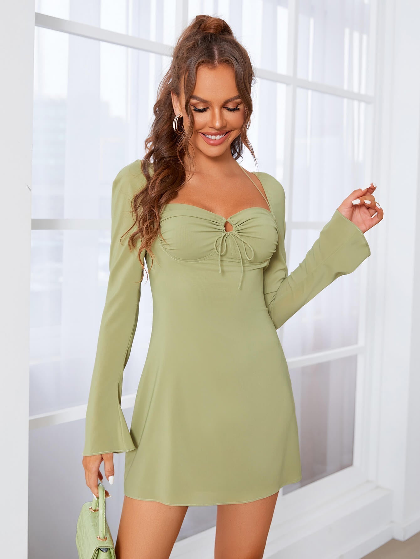 Halter Tie Ruched Bell Sleeve Dress - Fashionpara
