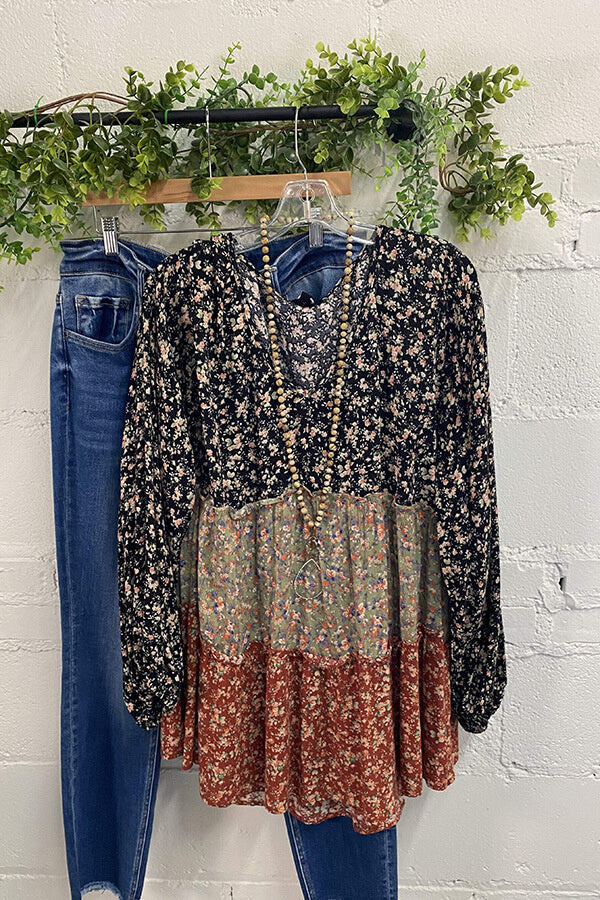 Floral Patchwork V-Neck Long Sleeve Blouse - Fashionpara