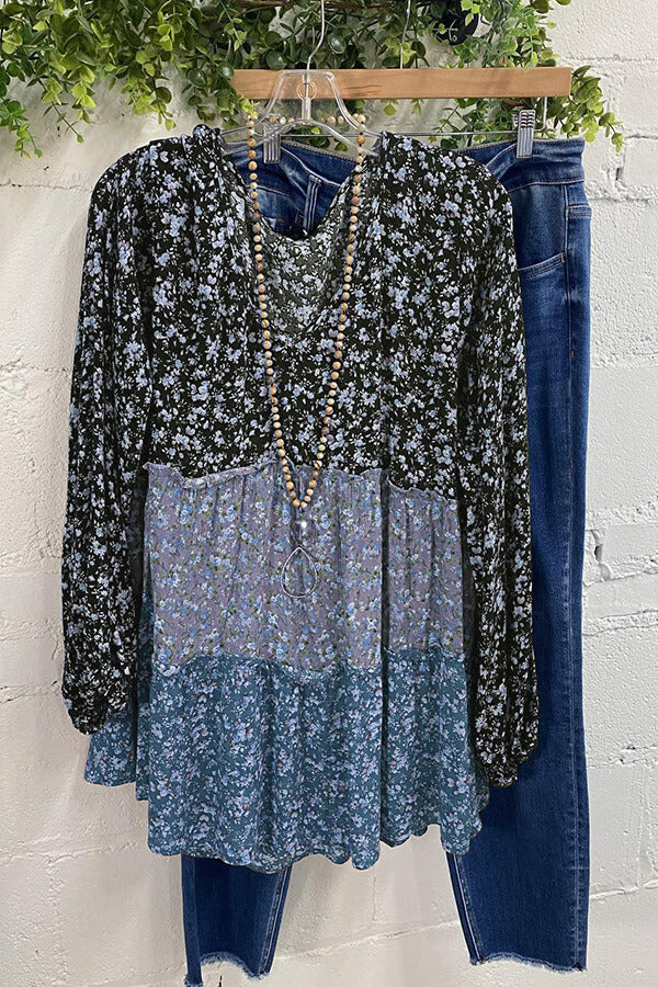 Floral Patchwork V-Neck Long Sleeve Blouse - Fashionpara