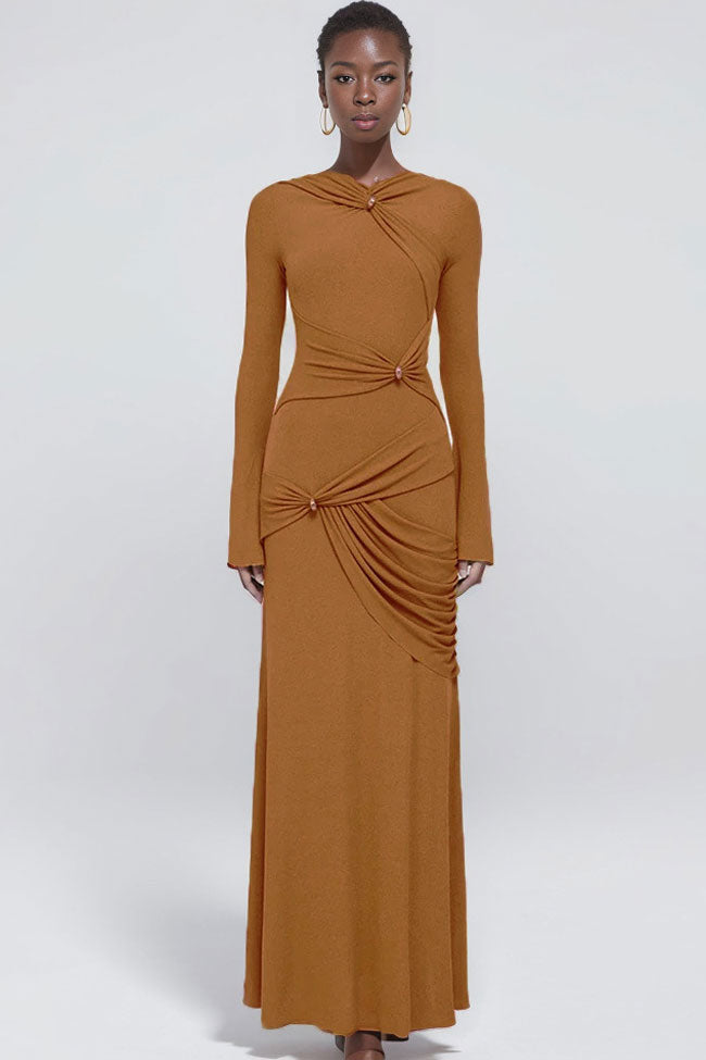 Graceful Metallic Knot Ruched Detail Jersey Evening Maxi Dress - Brown - Fashionpara