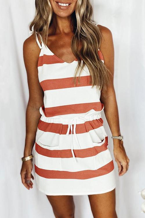 Stripe Drawstring Sleeveless Mini Dress - Fashionpara