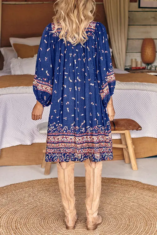 Boho Print Long Sleeve Mini Dress - Fashionpara