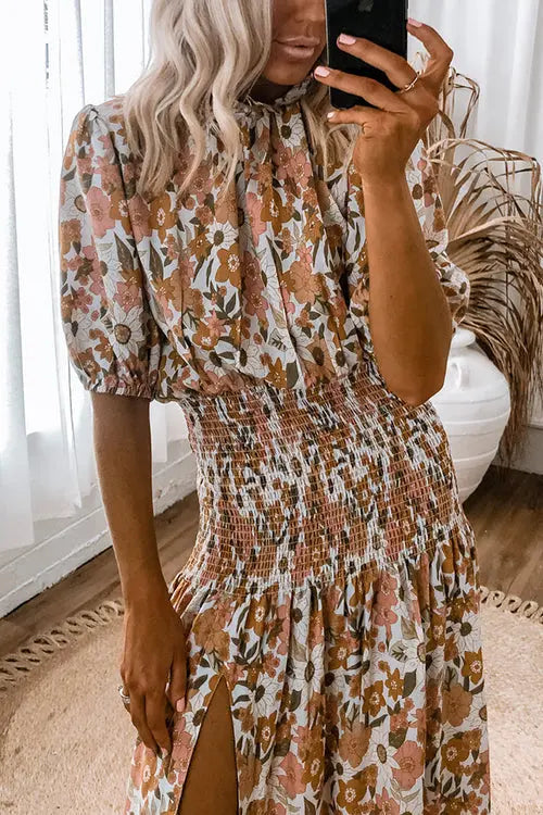 Floral Shirred Waist Slit Midi Dress - Fashionpara