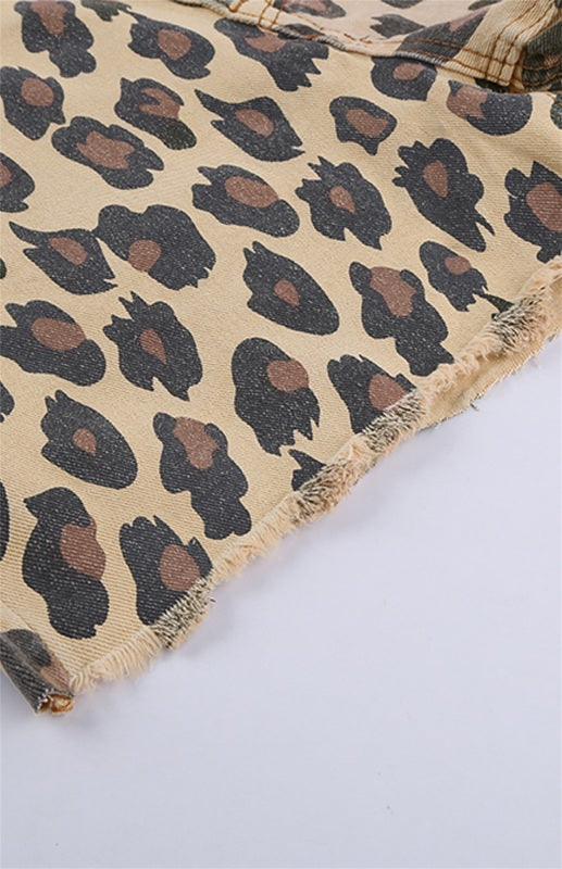 Women's Leopard Mid Waist Frayed Hemline Denim Shorts - Fashionpara