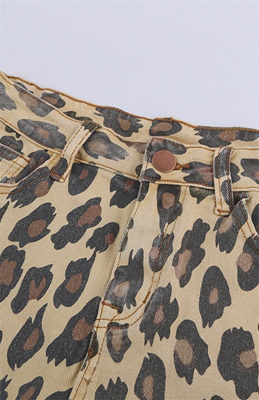 Women's Leopard Mid Waist Frayed Hemline Denim Shorts - Fashionpara