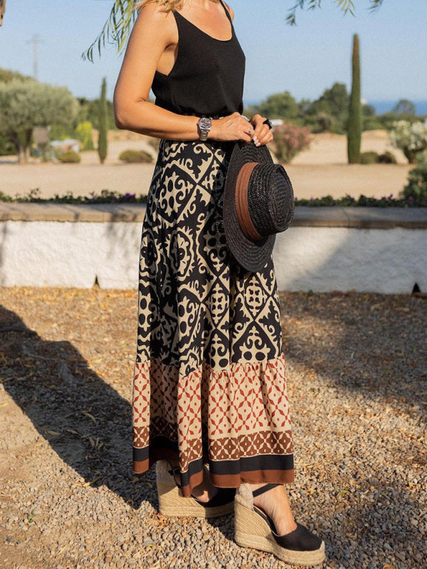 Women's Bohemian Ethnic Style Print Stitching Swing Skirt - Fashionpara