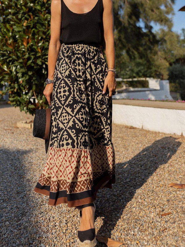 Women's Bohemian Ethnic Style Print Stitching Swing Skirt - Fashionpara