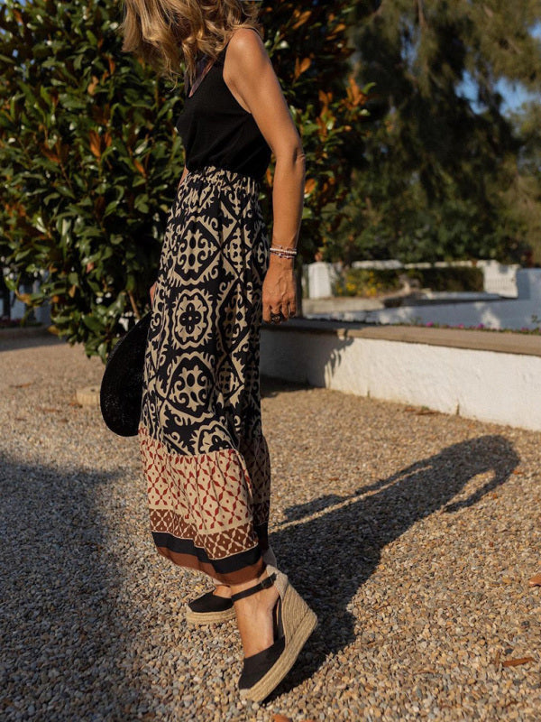 Women's Bohemian Ethnic Style Print Stitching Swing Skirt - Fashionpara