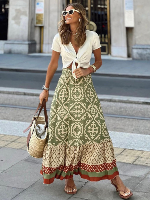 Women's Bohemian Ethnic Style Print Stitching Swing Skirt - Fashionpara