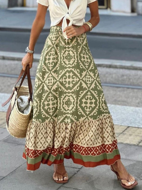 Women's Bohemian Ethnic Style Print Stitching Swing Skirt - Fashionpara
