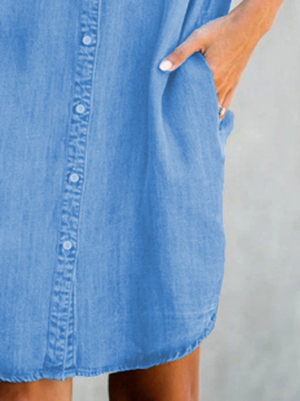 Casual Short-sleeve blue slim-fit denim midi dress - Fashionpara